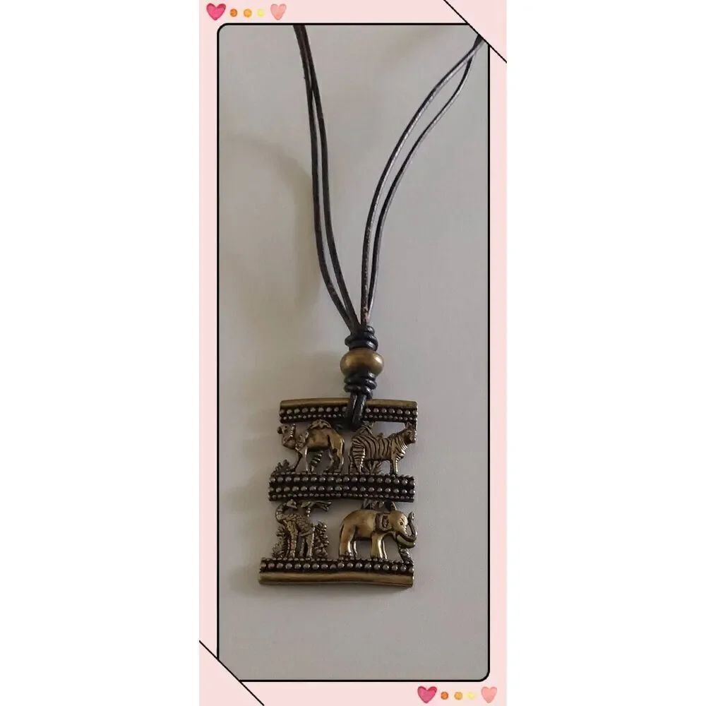 Vintage Chico's Metal & Cord African Safari Animals Long Necklace